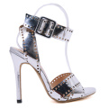 New designer sparkle stock heels shoes silver color shiny metal pu hollow out buckle perf buckle high heel women sandals